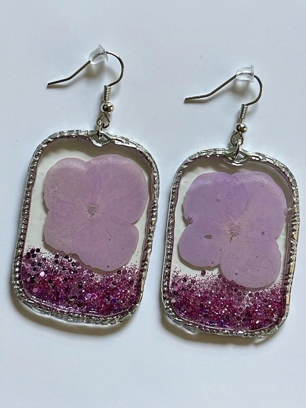 Purple & Silver Floral Glitter Dangle Earrings